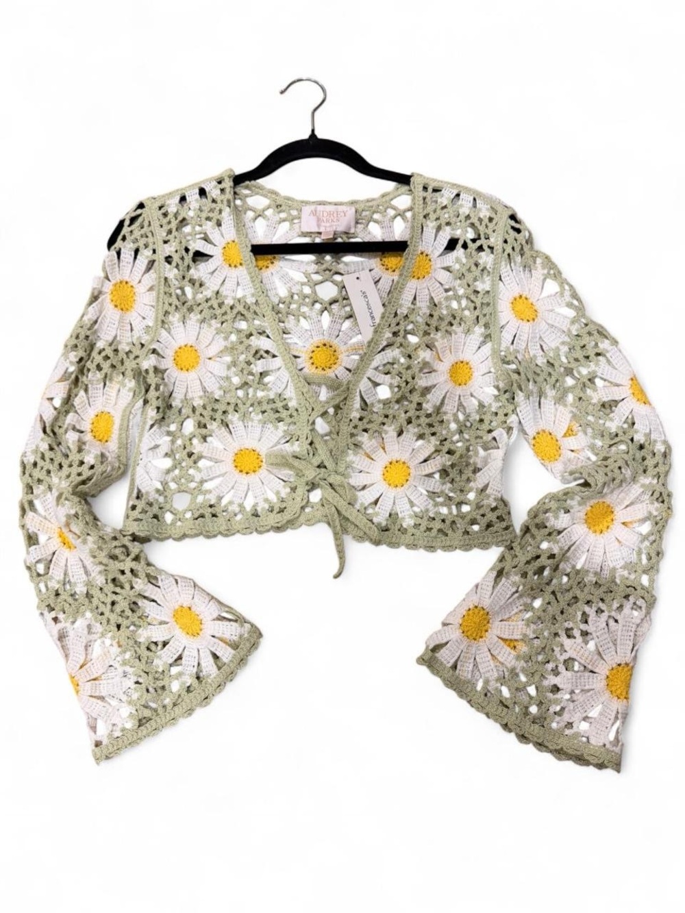 Audrey Parks Open Crochet Daisy Crop Top in Sage and White